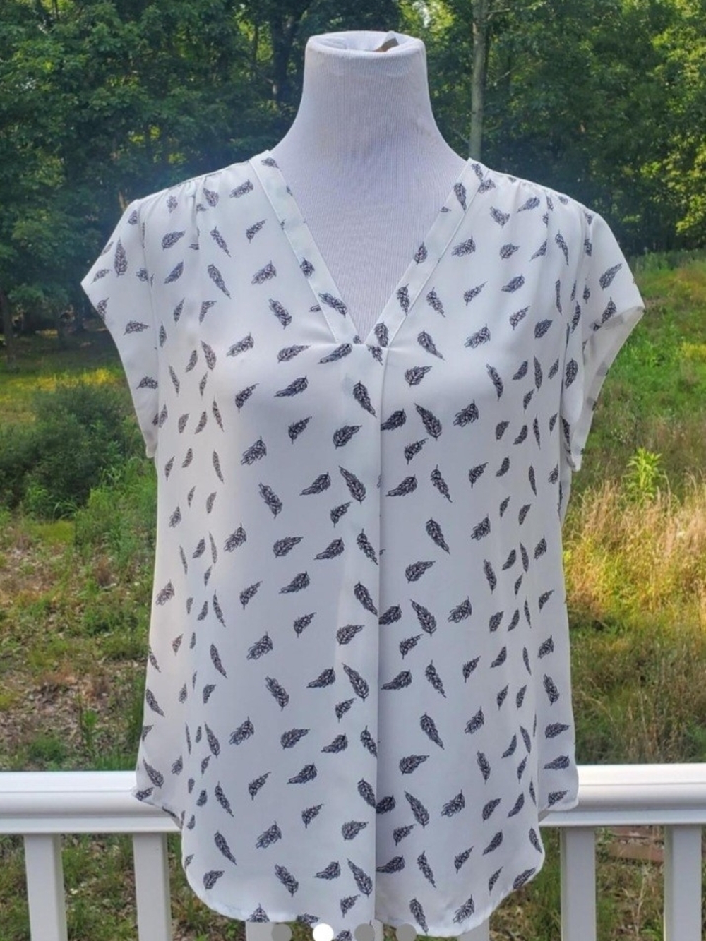 White Feather-Print V-Neck Blouse